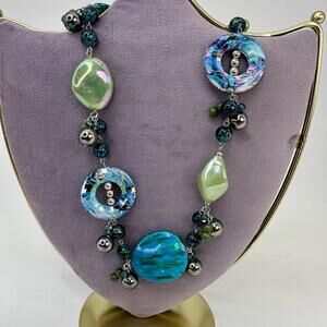 Turquoise Green Acrylic Statement Necklace 36" Silver Tone Beaded